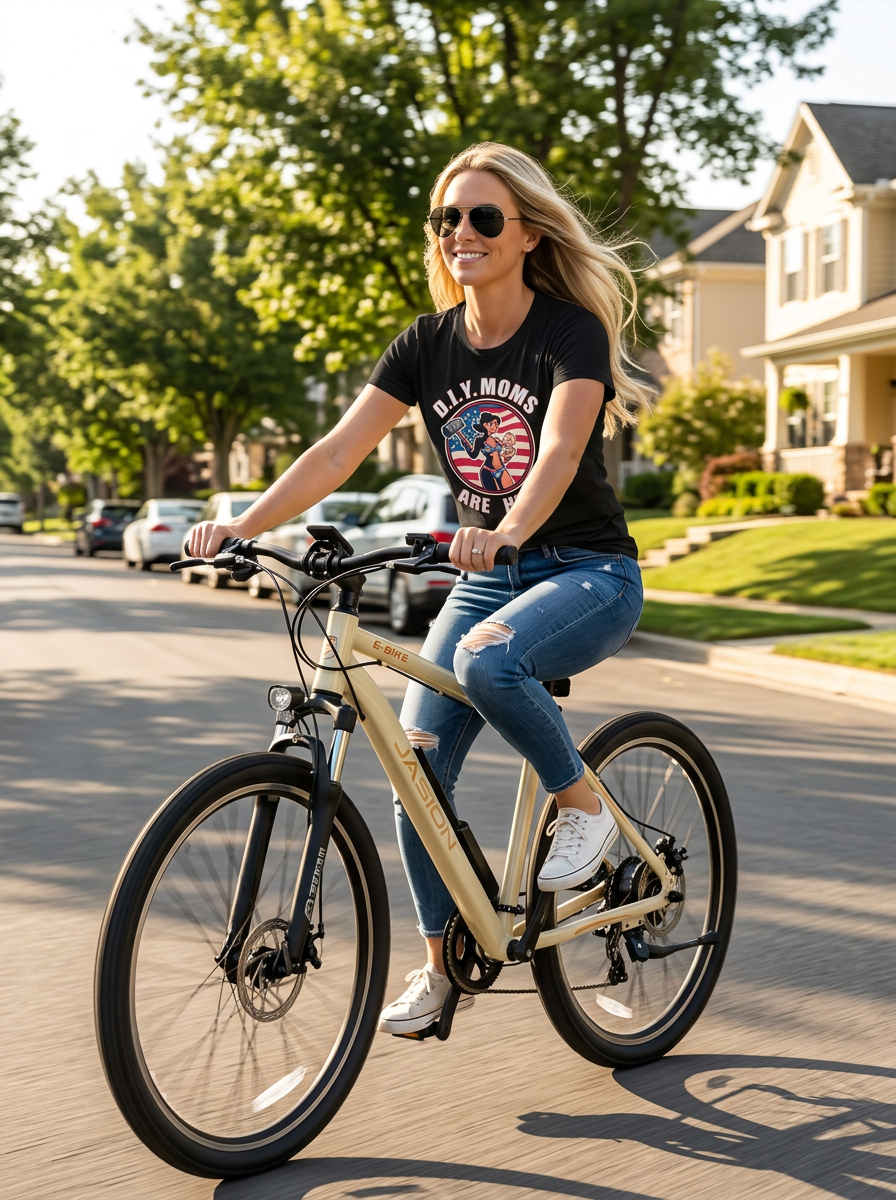 Woman riding a bicycle on a suburban street. The bike she is on is for sale.